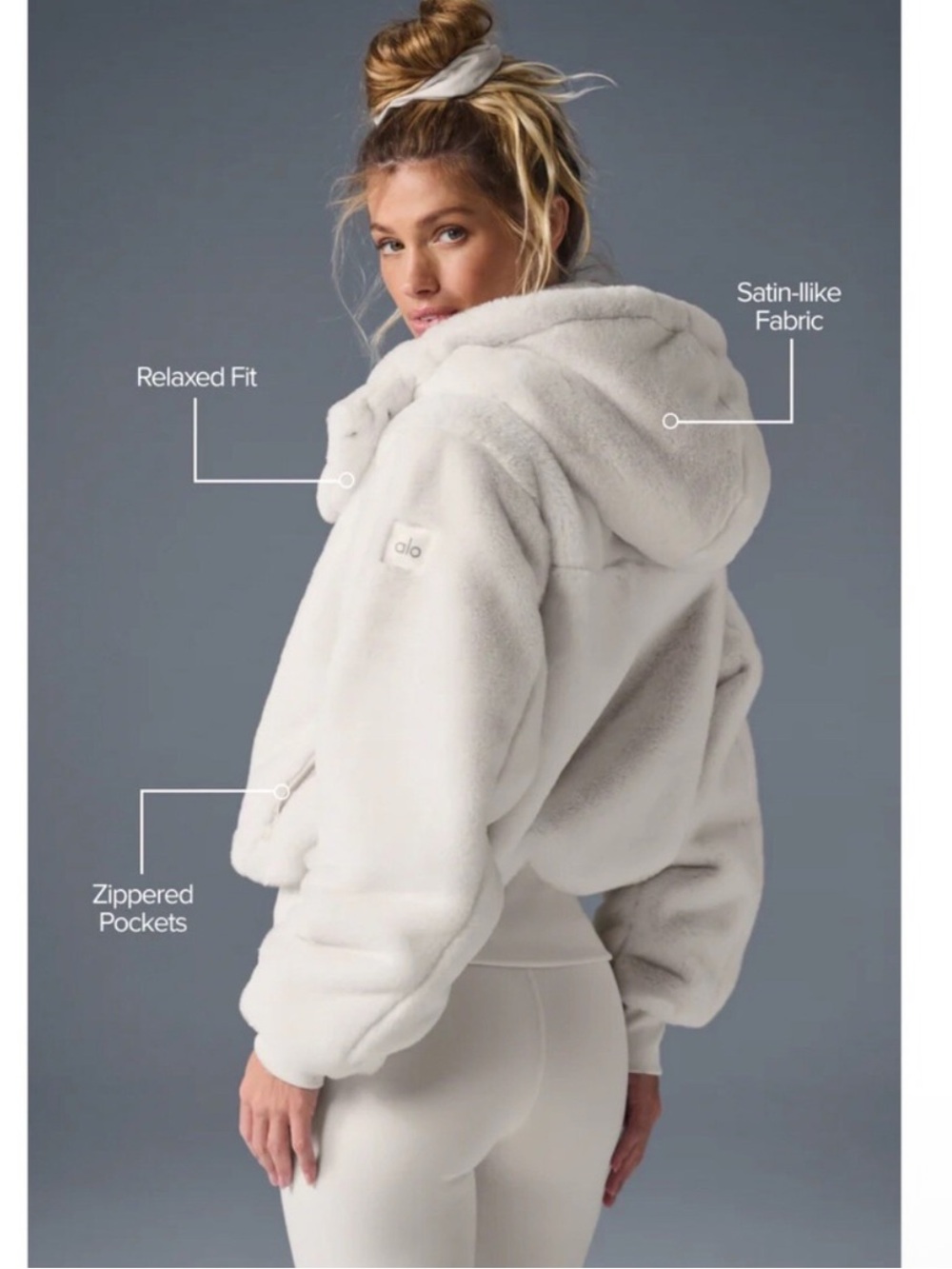 ALO Yoga Faux Fur Foxy Jacket Winter Coat Satin Lining Small Ivory Cream Rare!